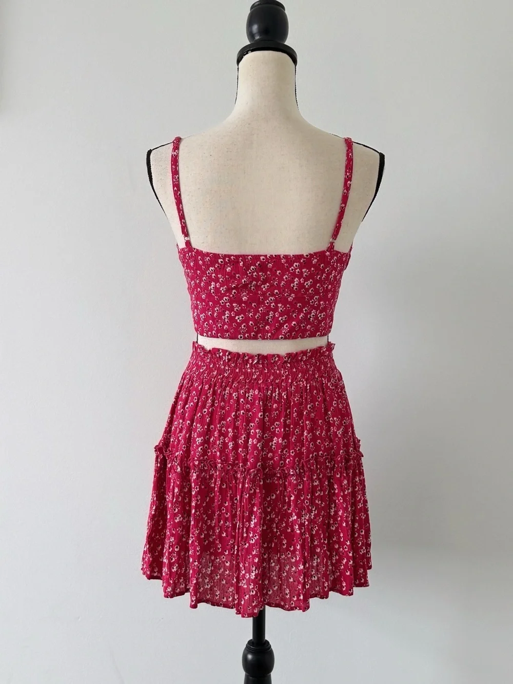 Princess Polly Shah Skirt Top Set Red Floral Crop Cami Tiered Mini Skirt US 2